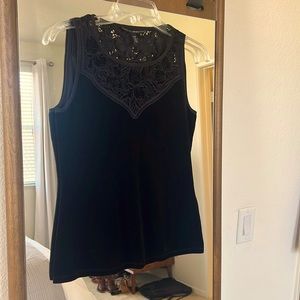 WHBM Velvet Embroidered Lace Neckline Blouse